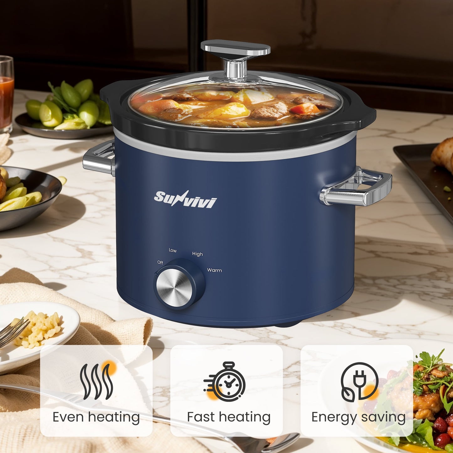 Sunvivi 2QT Small Slow Cooker with Removable Ceramic Pot, 3 Heating Settings - Blue