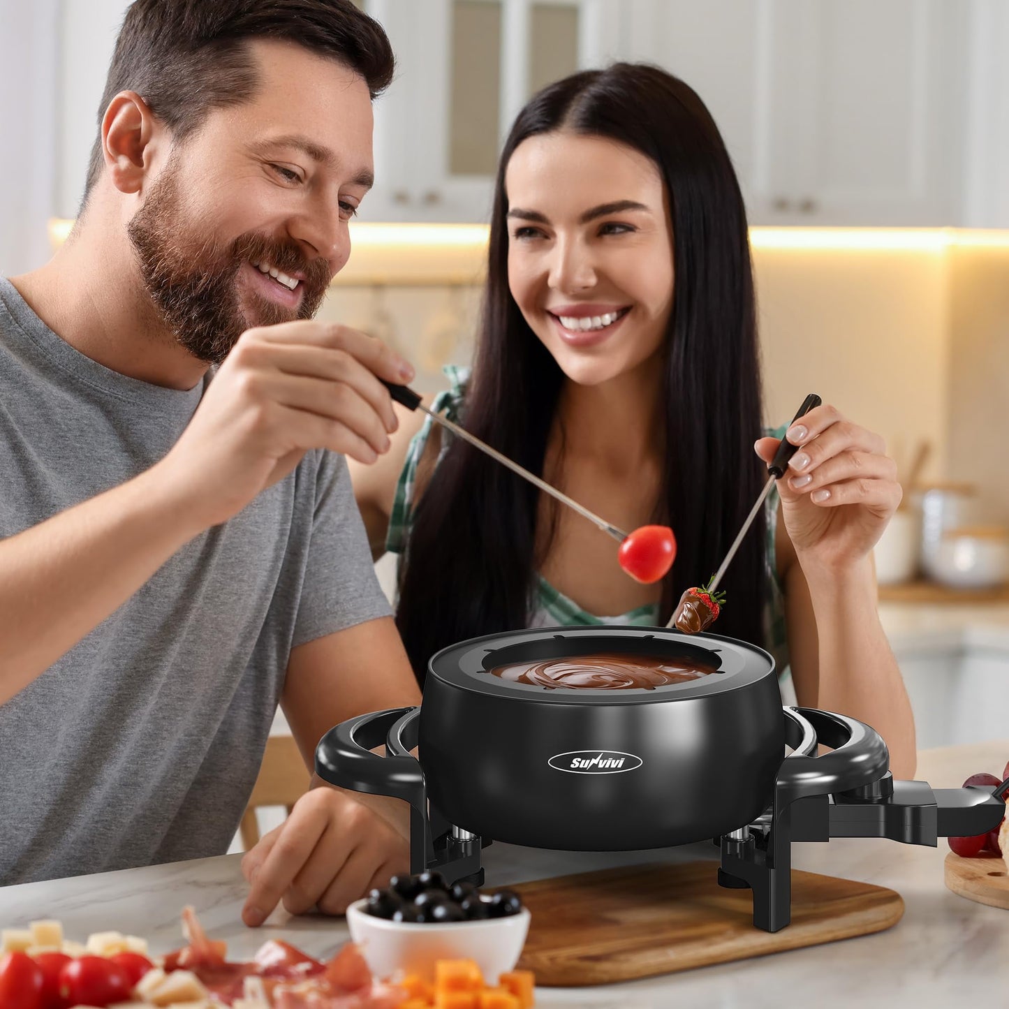 SUNVIVI Electric Fondue Pot Set for Melting Chocolate Cheese, 3 Quart Fondue Set with Adjustable Temperature Control and 8 Color-Coded Forks, 1000W Non-Stick Fondue Maker for Dessert, Oil and Broth