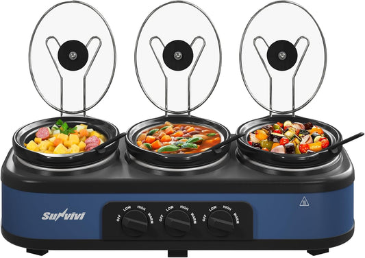 Sunvivi Triple Slow Cooker Buffet Servers and Warmer,3 Pot Food Small Mini Manual Slow Cooker with Adjustable Temp Stainless Steel Lid Rests,Removable Ceramic Pot, 3 * 1.5 Quarts Blue