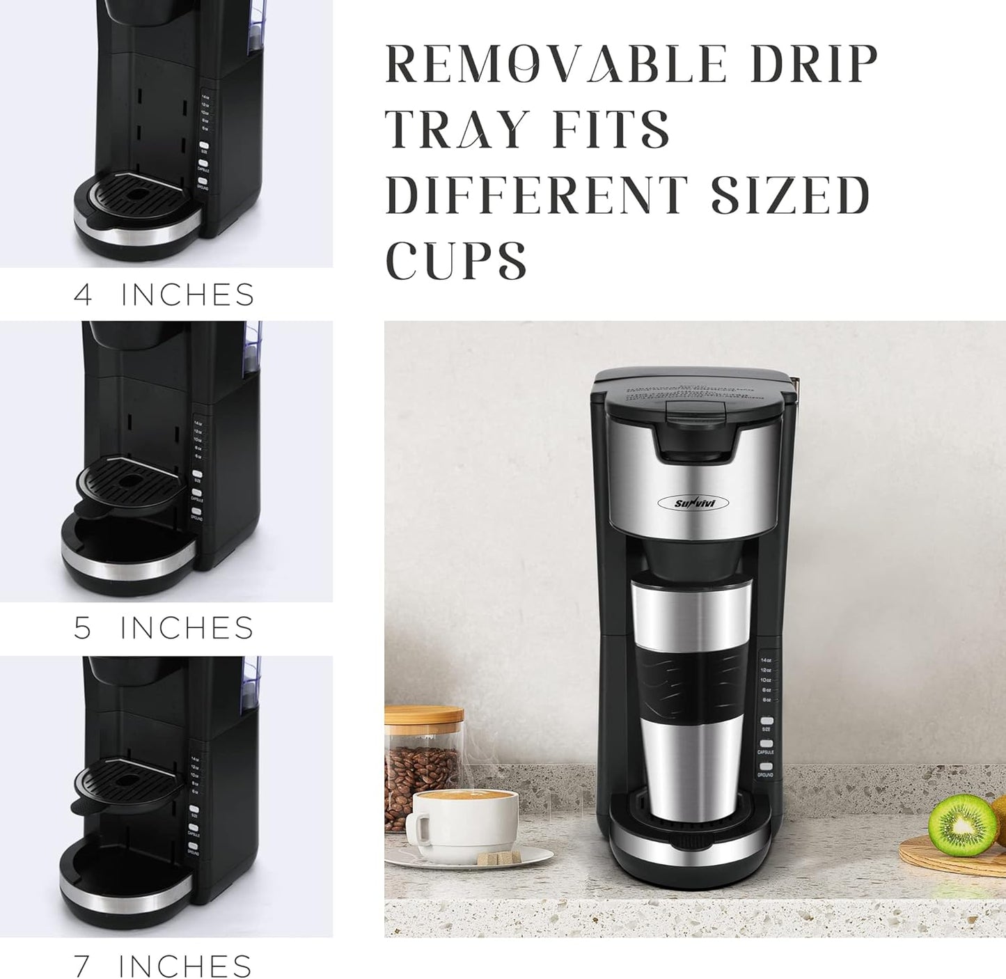 Sunvivi Single Serve Coffee Maker For Single Cup Pods & Ground Coffee with 30 Oz Detachable Reservoir, 3 levels One Cup Adjustable Drip Tray Suitable for 7" Travel Tumbler