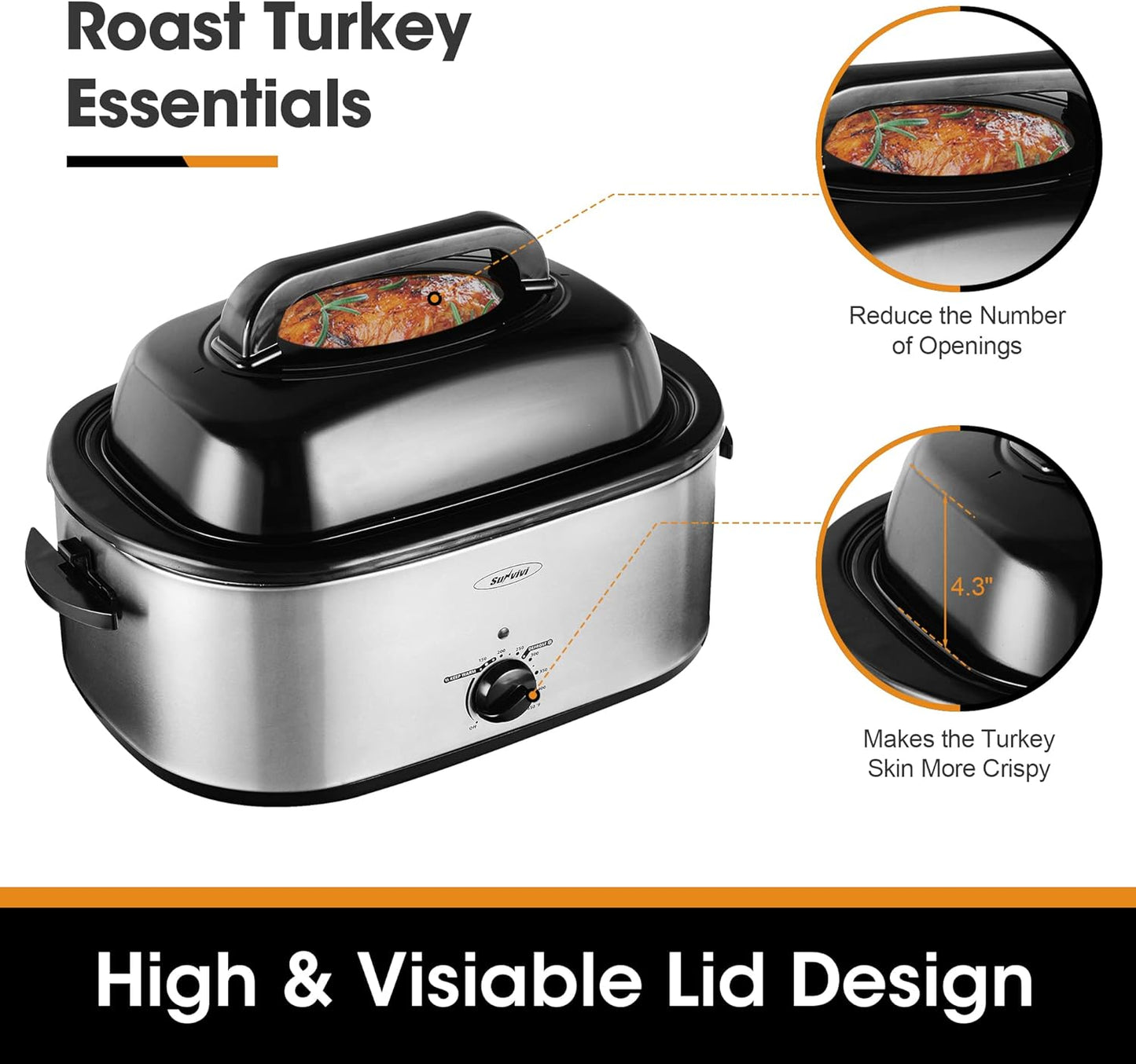 Roaster Oven with Self-Basting Lid, Electric Roaster with Removable Pan & Rack, 150-450°F Full-Range Temperature Control with Defrost/Warm Function, Stainless Steel, Silver