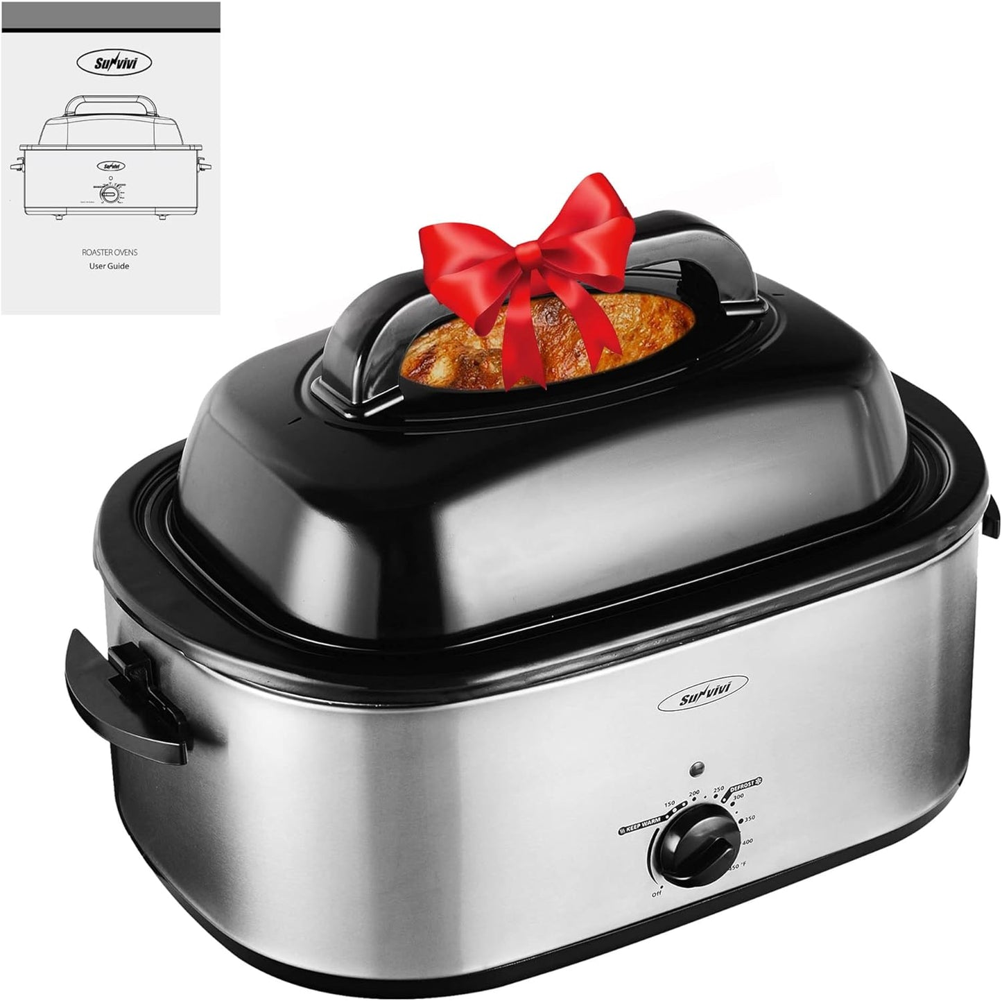 Roaster Oven with Self-Basting Lid, Electric Roaster with Removable Pan & Rack, 150-450°F Full-Range Temperature Control with Defrost/Warm Function, Stainless Steel, Silver