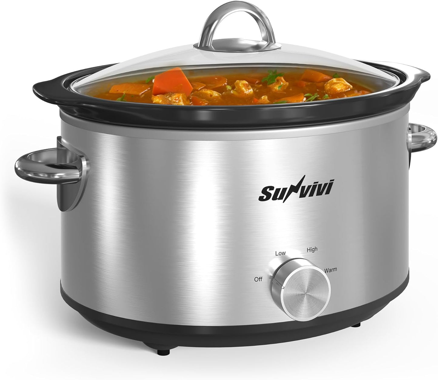 Sunvivi 4 Quart Slow Cooker & Mini Food Warmer with 3 Heating Settings, Removable Ceramic Pot, Dishwasher Safe Glass Lid, Stainless Steel, Silver