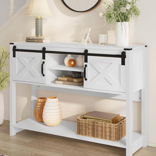 Farmhouse Entryway Table with Storage, 46" Console Table with Sliding Barn Door, Wood Rustic Sofa Table with Adjustable Shelf for Hallway, Living Room, Foyer, White