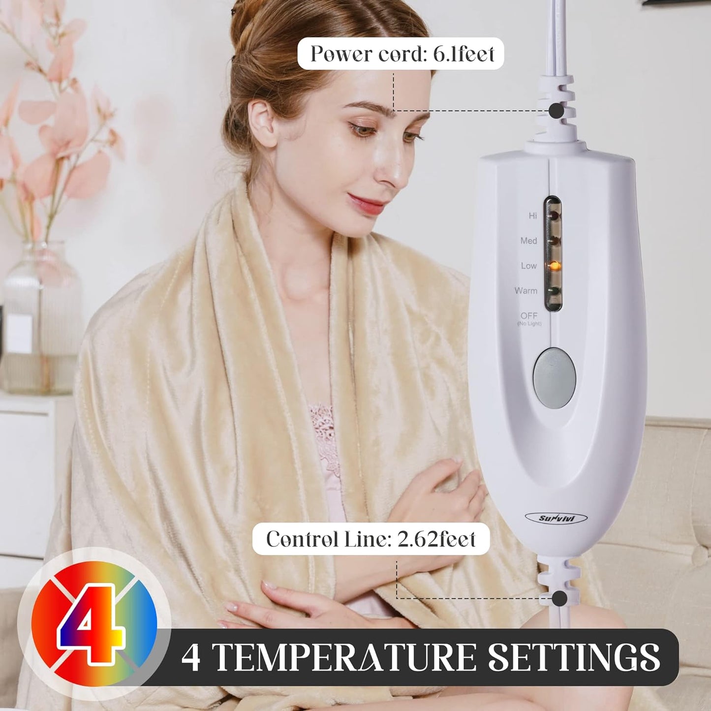 Electric Heated Blanket King Size, Heating Blanket Throw Dual Control, 10 Heat Settings, 0.5-12 Hours Auto Off, Machine Washable, ETL Certified