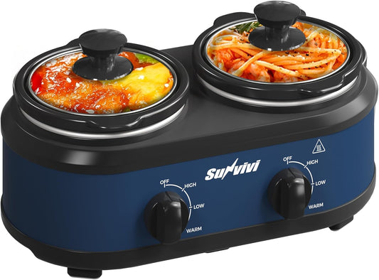Sunvivi Dual Slow Cooker, Buffet Server and Warmer with 2 Removable Ceramic Pots, Slow Cooker Food Warmer with 3 Adjustable Temp & 2 Visible Glass Lids, Stainless Steel, 2 x 1.25 QT, Blue