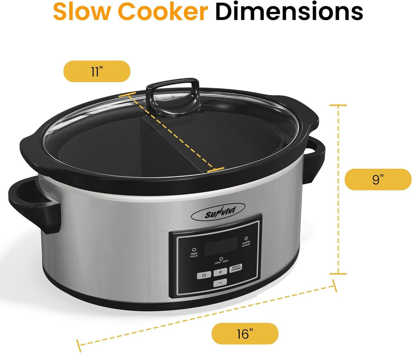 Sunvivi Programmable Slow Cooker 6 Quart with 2 in 1 Silicone Liners, Multi-Cooker Food Warmer with Digital Timer, 3 Cooking Settings, Dishwasher-Safe Removable Ceramic Pot & Lid, Silver