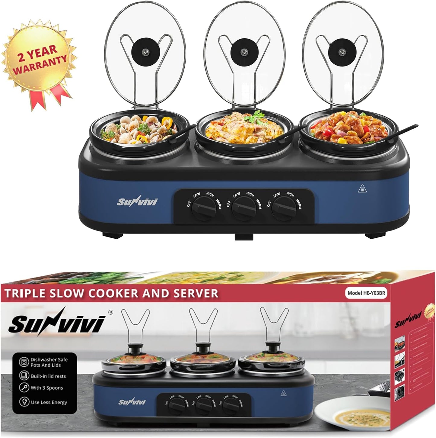 Sunvivi Triple Slow Cooker Buffet Servers and Warmer,3 Pot Food Small Mini Manual Slow Cooker with Adjustable Temp Stainless Steel Lid Rests,Removable Ceramic Pot, 3 * 1.5 Quarts Blue