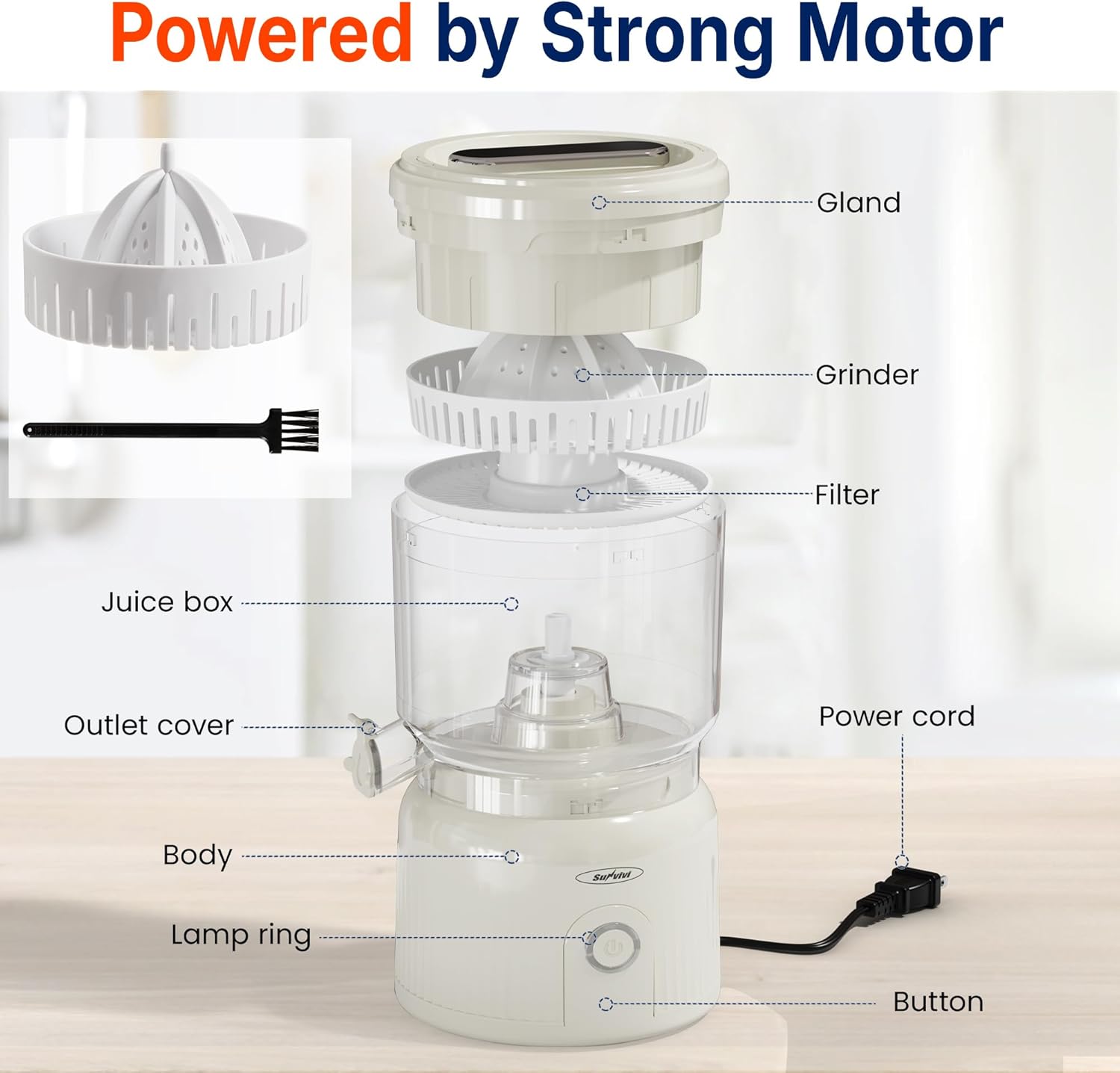 Sunvivi Electric Citrus Juicer, 90W Automatic Juice Squeezer with High-Speed 15,000 RPM, Ideal for Orange, Lemon,  and Soft Fruits, Compact and Easy to Clean, Includes Cleaning Brush
