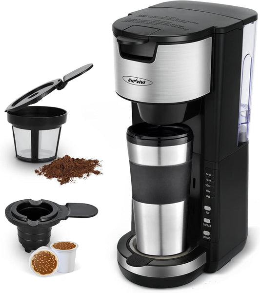 Sunvivi Single Serve Coffee Maker For Single Cup Pods & Ground Coffee with 30 Oz Detachable Reservoir, 3 levels One Cup Adjustable Drip Tray Suitable for 7" Travel Tumbler