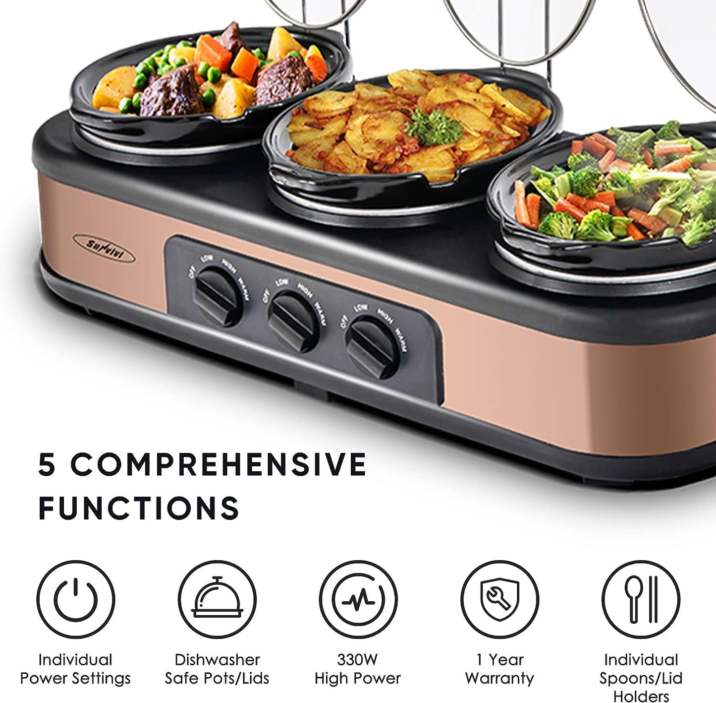 Sunvivi Triple Slow Cooker Buffet Server 3 Pot Food Warmer, 3-Section 1.5-Quart Oval Slow Cooker Adjustable Temp Lid Rests Stainless Steel, Total 4.5 QT