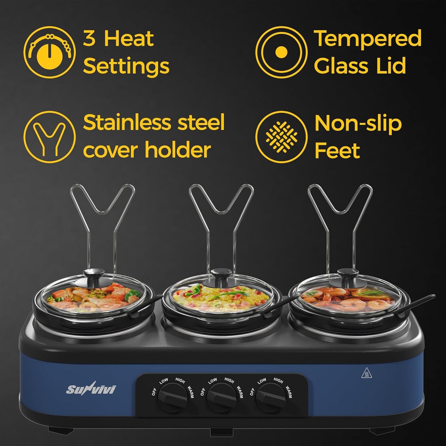 Sunvivi Triple Slow Cooker Buffet Servers and Warmer,3 Pot Food Small Mini Manual Slow Cooker with Adjustable Temp Stainless Steel Lid Rests,Removable Ceramic Pot, 3 * 1.5 Quarts Blue