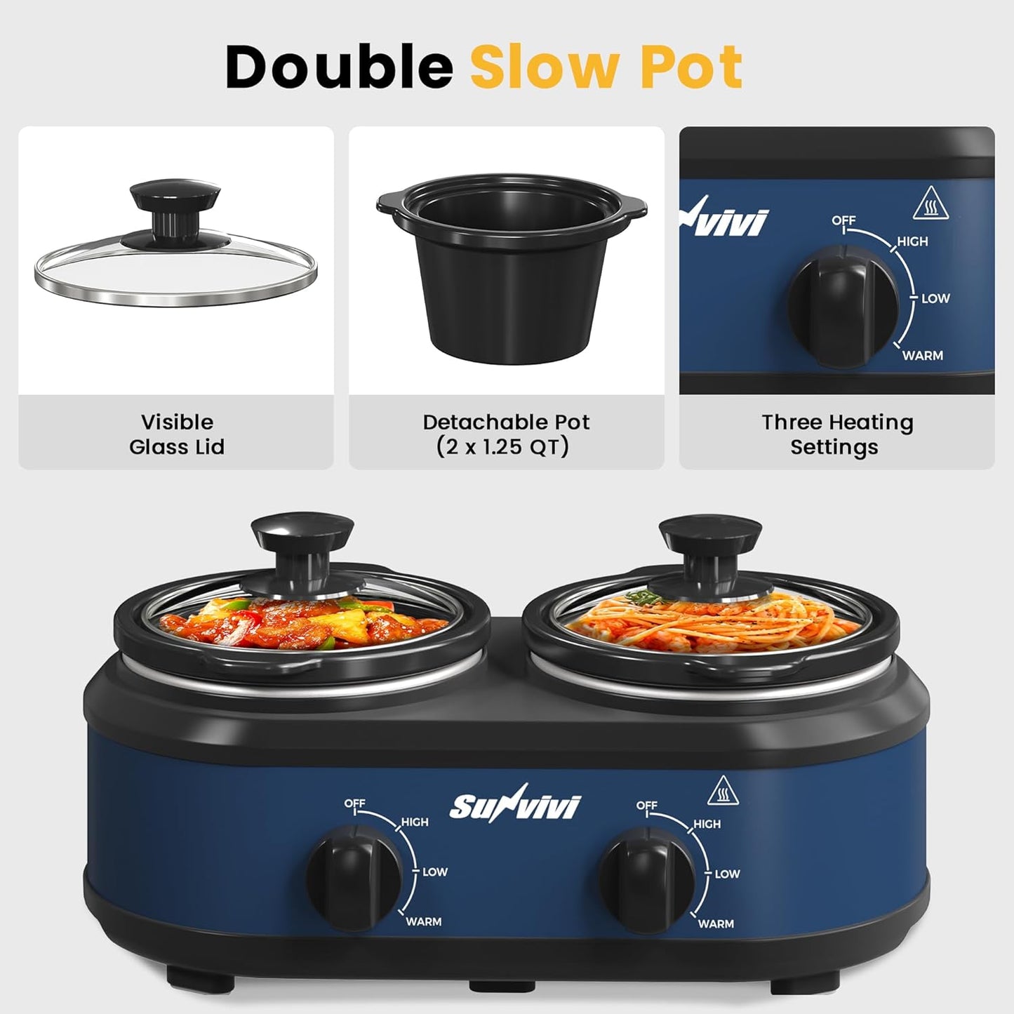 Sunvivi Dual Slow Cooker, Buffet Server and Warmer with 2 Removable Ceramic Pots, Slow Cooker Food Warmer with 3 Adjustable Temp & 2 Visible Glass Lids, Stainless Steel, 2 x 1.25 QT, Blue