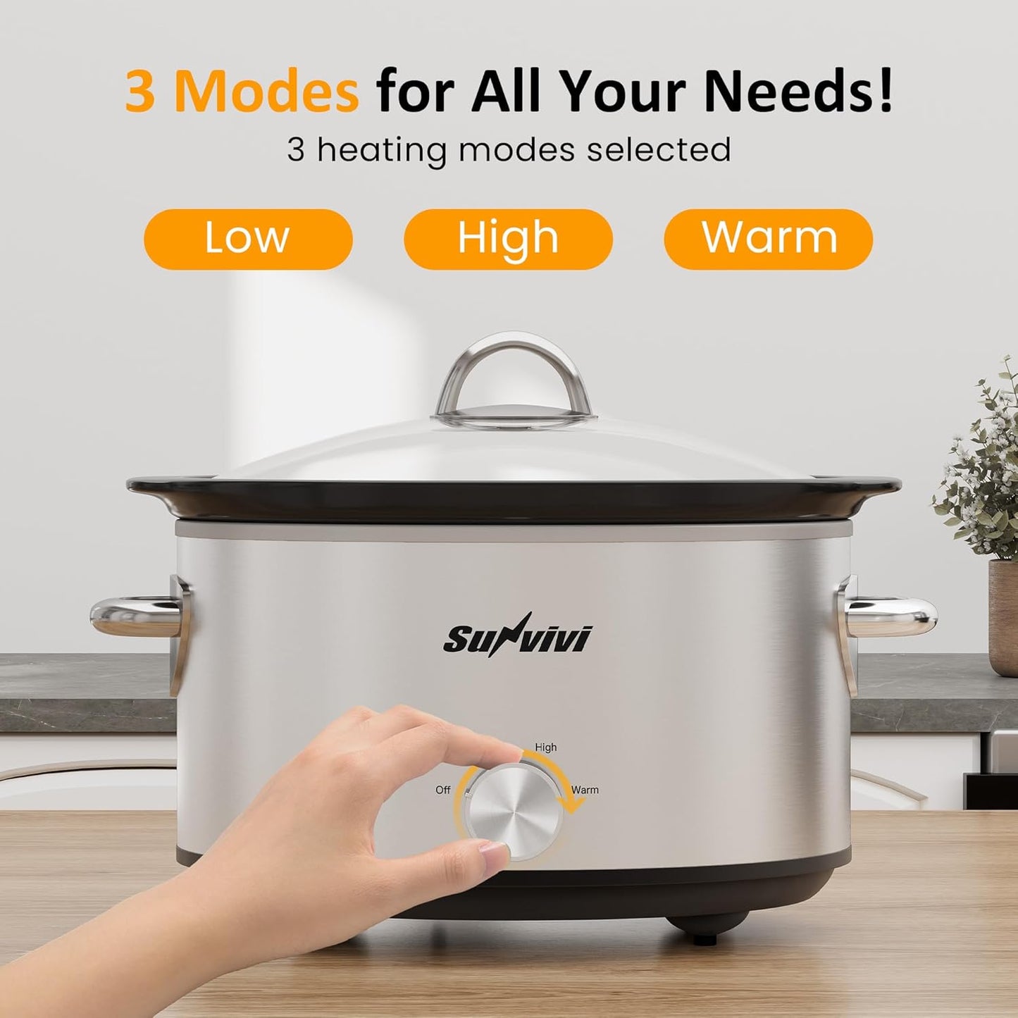 Sunvivi 4 Quart Slow Cooker & Mini Food Warmer with 3 Heating Settings, Removable Ceramic Pot, Dishwasher Safe Glass Lid, Stainless Steel, Silver