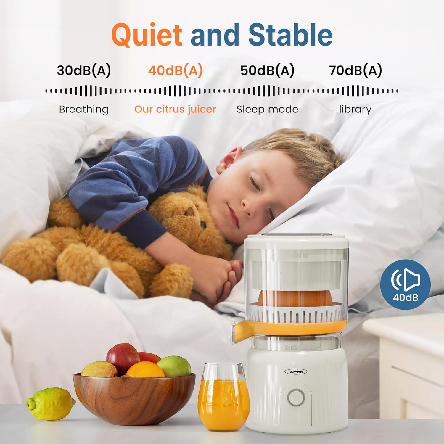 Sunvivi Electric Citrus Juicer, 90W Automatic Juice Squeezer with High-Speed 15,000 RPM, Ideal for Orange, Lemon,  and Soft Fruits, Compact and Easy to Clean, Includes Cleaning Brush