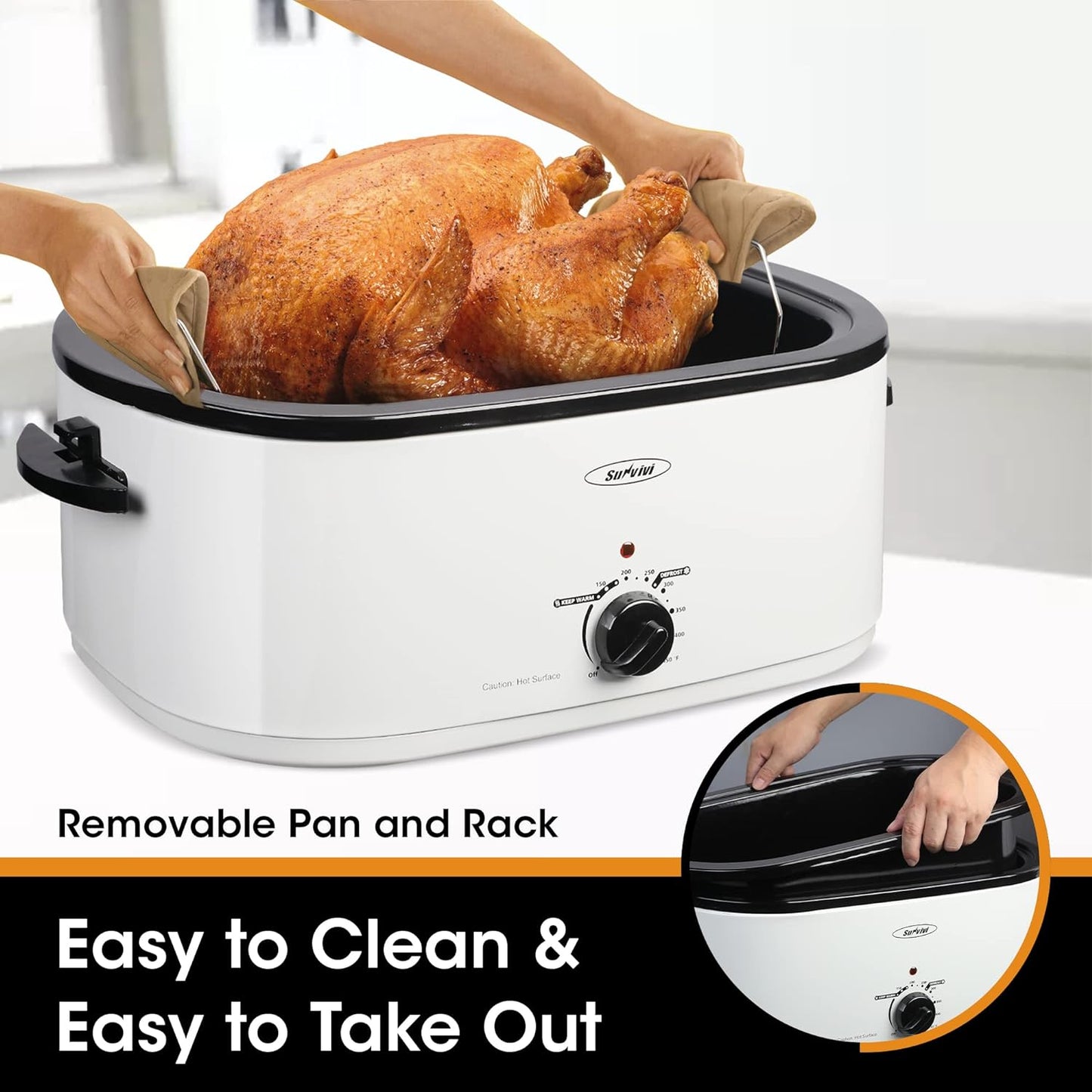 Roaster Oven, Electric Roaster Oven with Viewing Lid, Sunvivi Turkey Roaster with Unique Defrost/Warm Function, Large Roaster with with Removable Pan & Rack, Stainless Steel, White