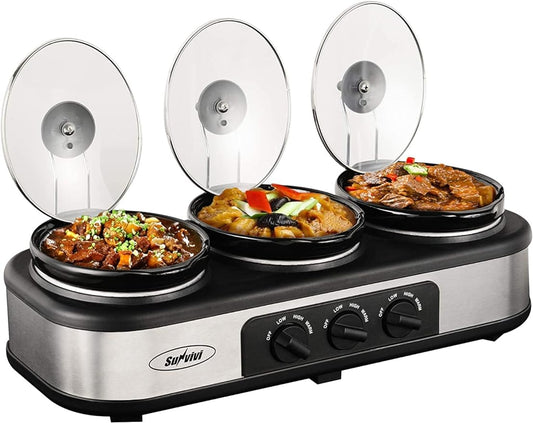 Sunvivi Triple Slow Cooker Buffet Server 3 Pot Food Warmer, 3-Section 1.5-Quart Oval Slow Cooker Adjustable Temp Lid Rests Stainless Steel, Total 4.5 QT