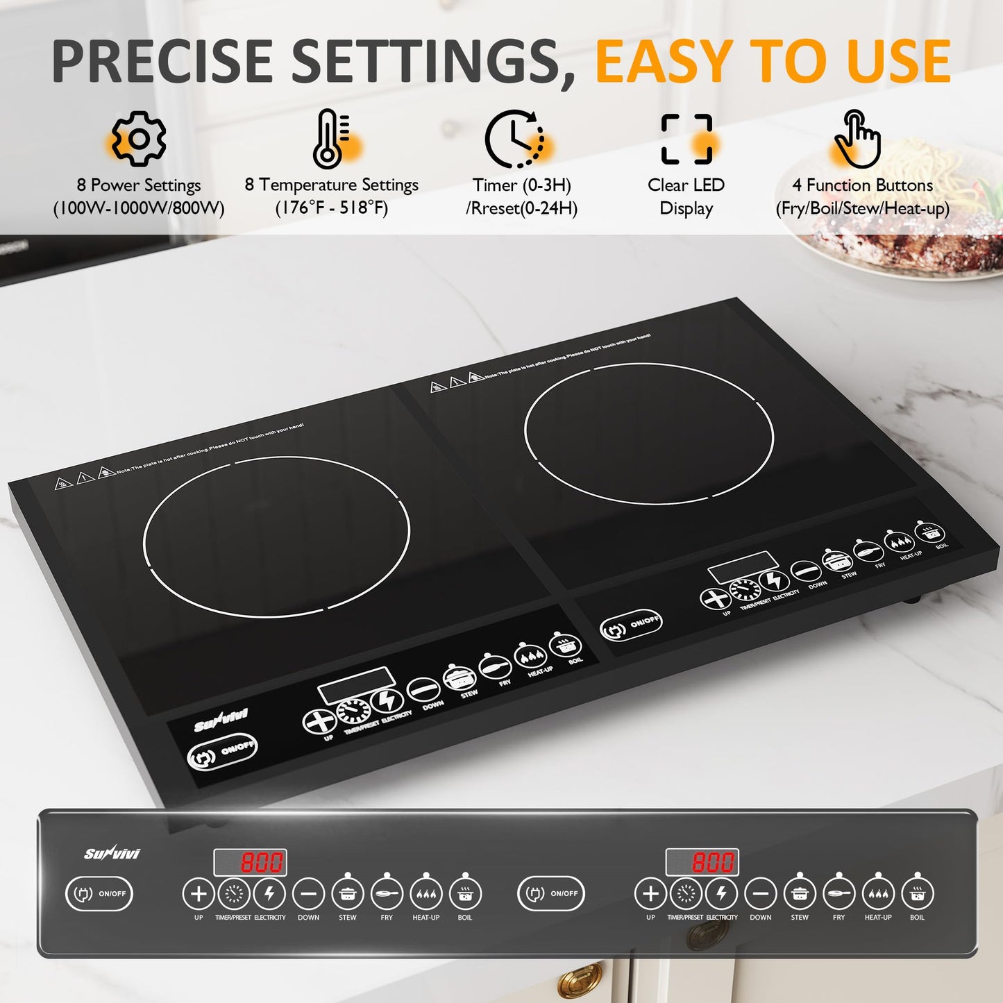 Sunvivi Portable Dual Induction Cooktop, Commercial-Grade Electric Countertop Burner with Timer, Induction Hot Plate with LED Screen, 8 Power(100W-1000W/800W) & 8 Temp Setting(176¡ãF-518¡ãF), Black