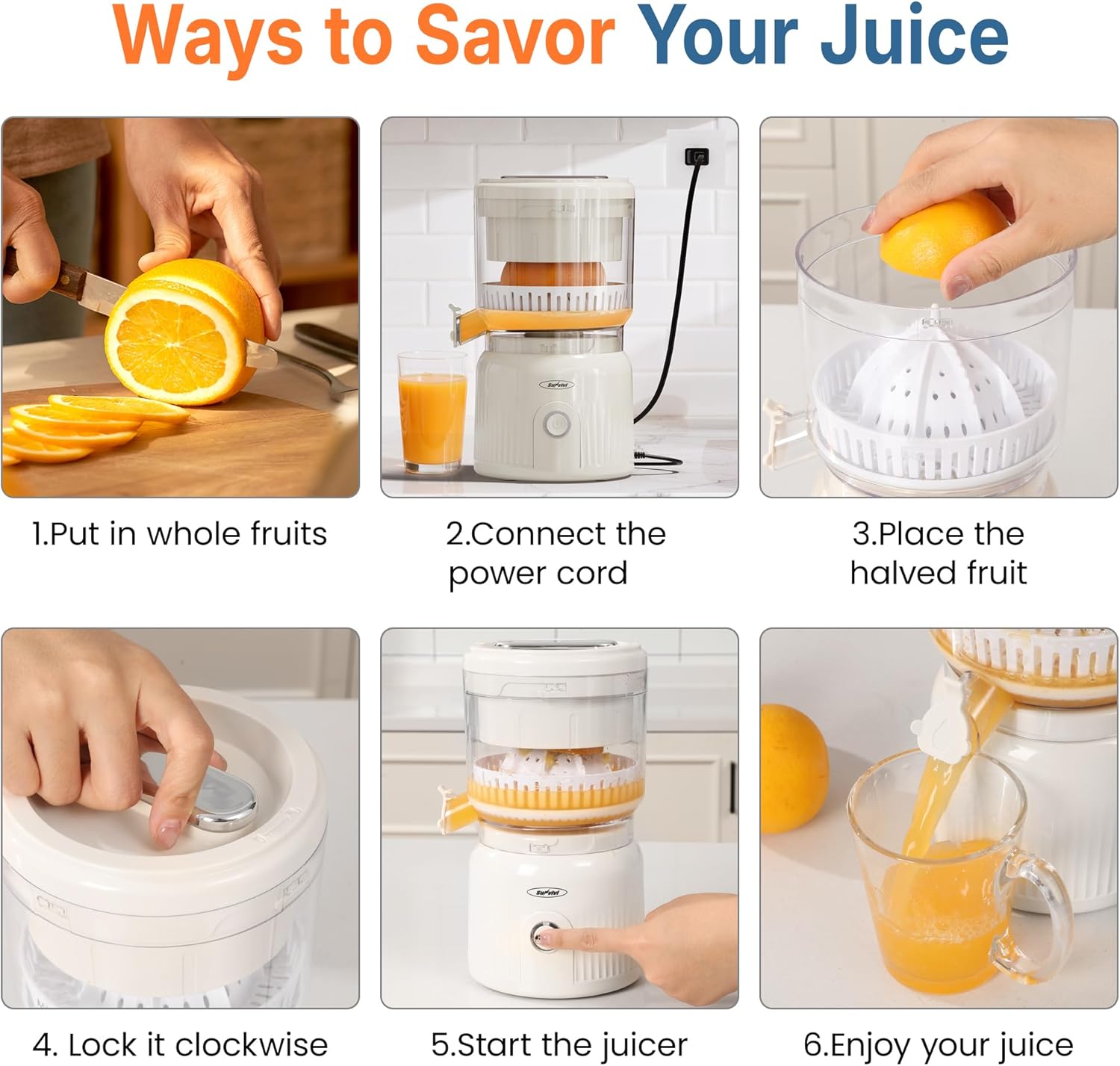 Sunvivi Electric Citrus Juicer, 90W Automatic Juice Squeezer with High-Speed 15,000 RPM, Ideal for Orange, Lemon,  and Soft Fruits, Compact and Easy to Clean, Includes Cleaning Brush
