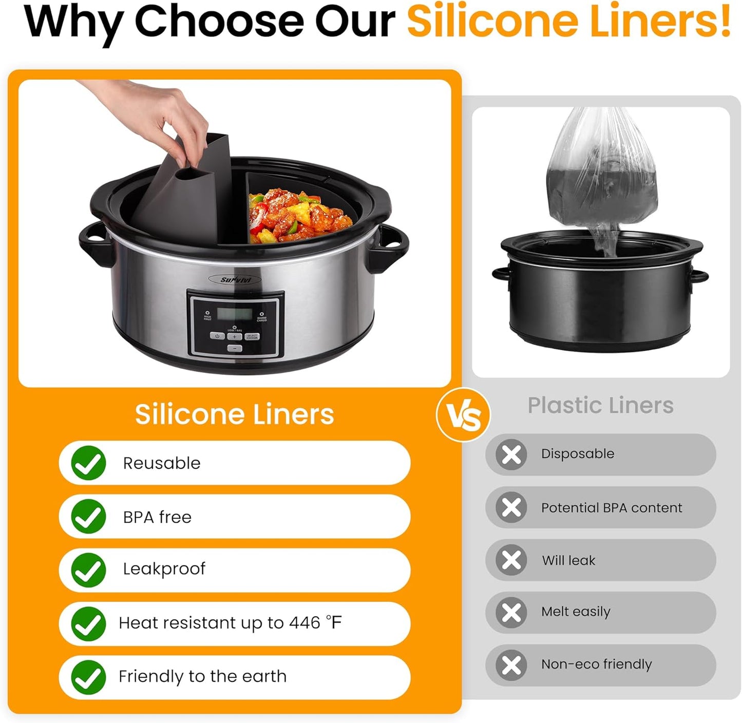 Sunvivi Programmable Slow Cooker 6 Quart with 2 in 1 Silicone Liners, Multi-Cooker Food Warmer with Digital Timer, 3 Cooking Settings, Dishwasher-Safe Removable Ceramic Pot & Lid, Silver