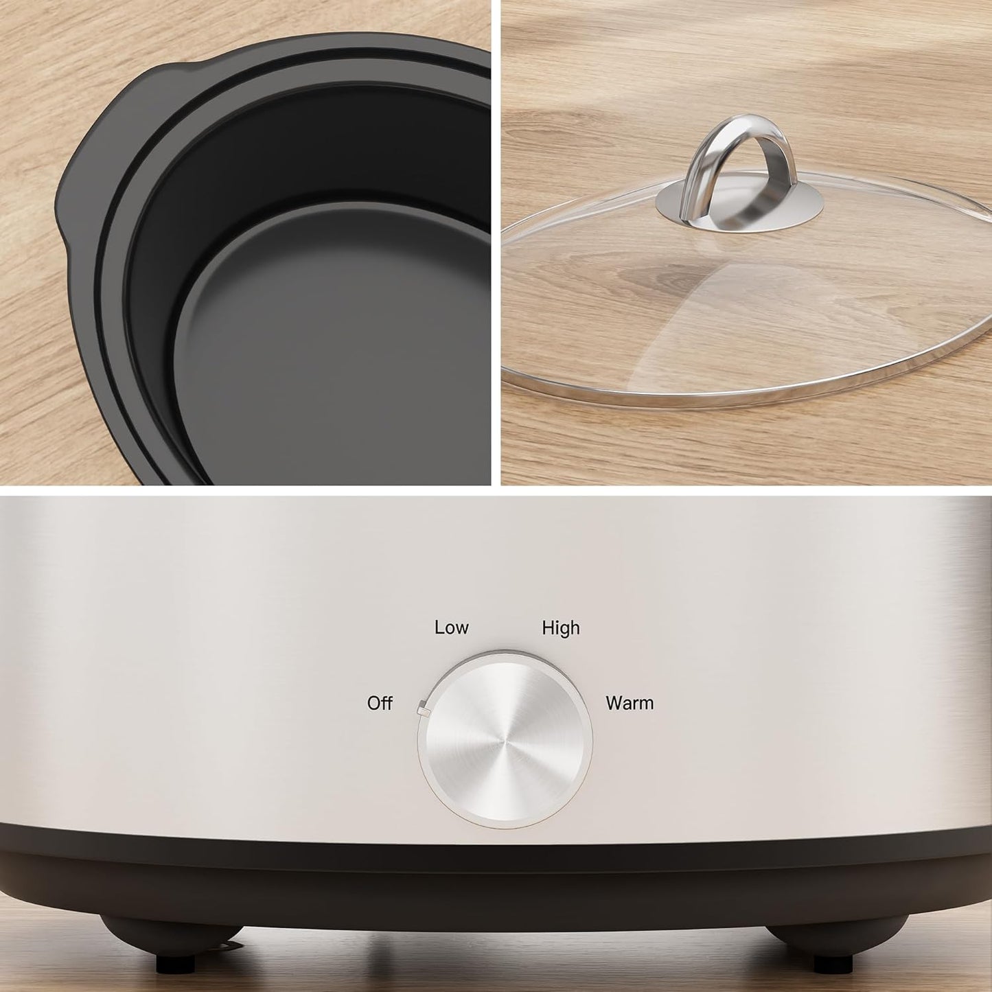 Sunvivi 4 Quart Slow Cooker & Mini Food Warmer with 3 Heating Settings, Removable Ceramic Pot, Dishwasher Safe Glass Lid, Stainless Steel, Silver