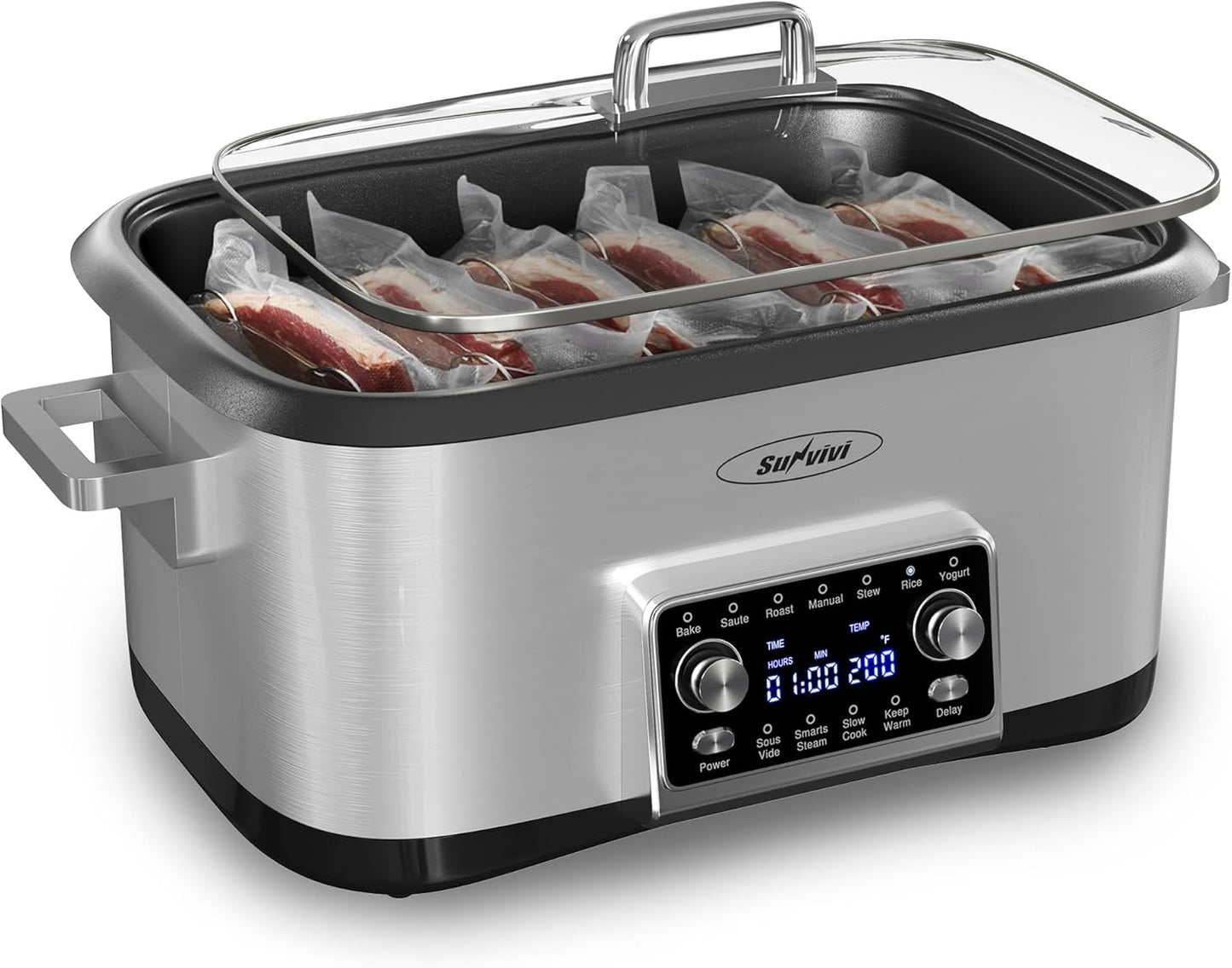 Sunvivi 8 Quart Slow Cooker Roaster Oven, 12 in 1 Programmable Multi-Cooker Food Warmer with Digital Timer, Temp Control, Removable Cast Aluminum Pot & Dishwasher-Safe Tempered Glass Lid