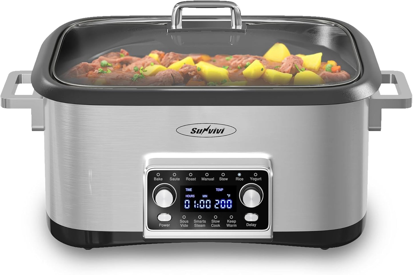 Sunvivi 8 Quart Slow Cooker Roaster Oven, 12 in 1 Programmable Multi-Cooker Food Warmer with Digital Timer, Temp Control, Removable Cast Aluminum Pot & Dishwasher-Safe Tempered Glass Lid
