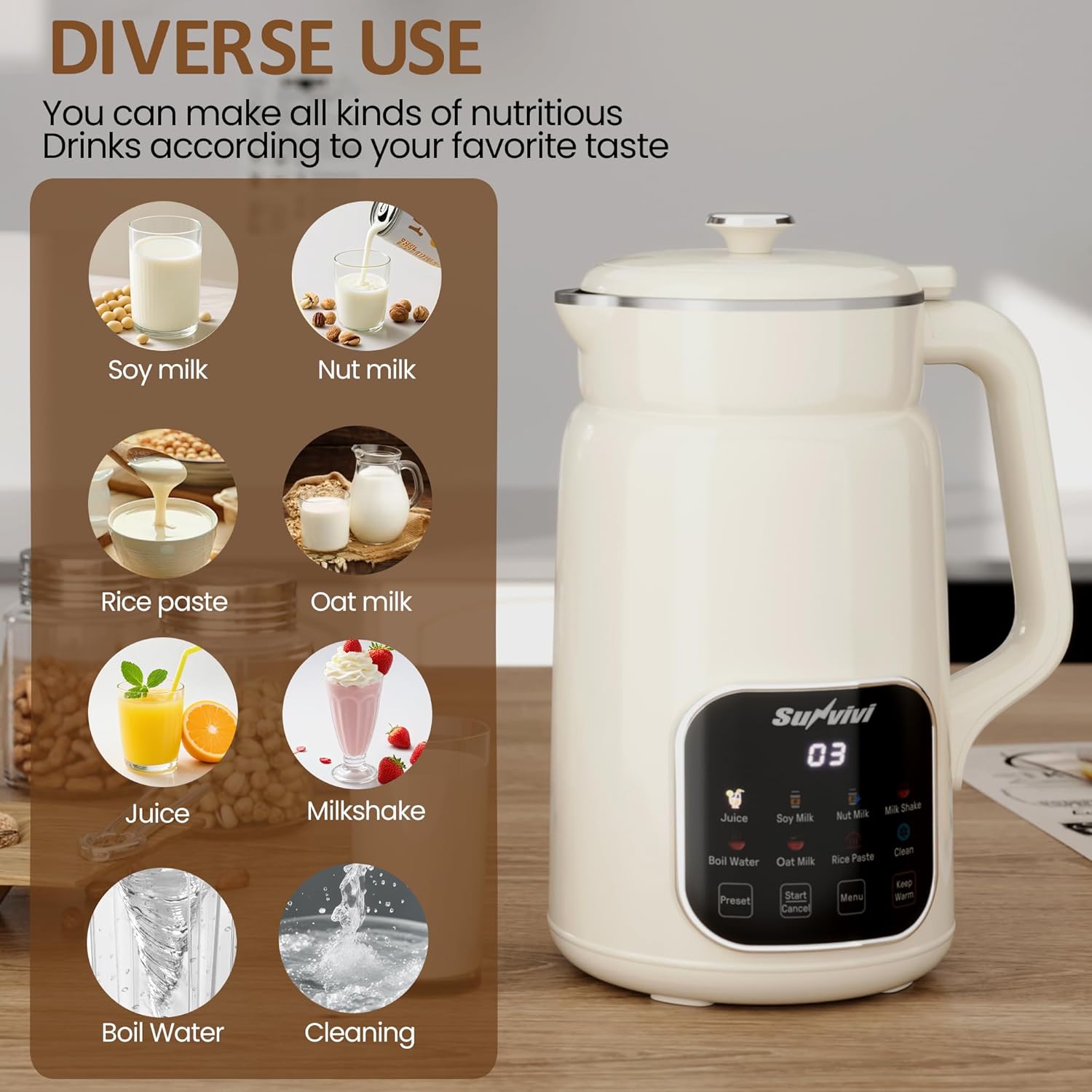 Sunvivi 8 in 1 Nut Milk Maker Machine: 60oz Soy Milk Maker