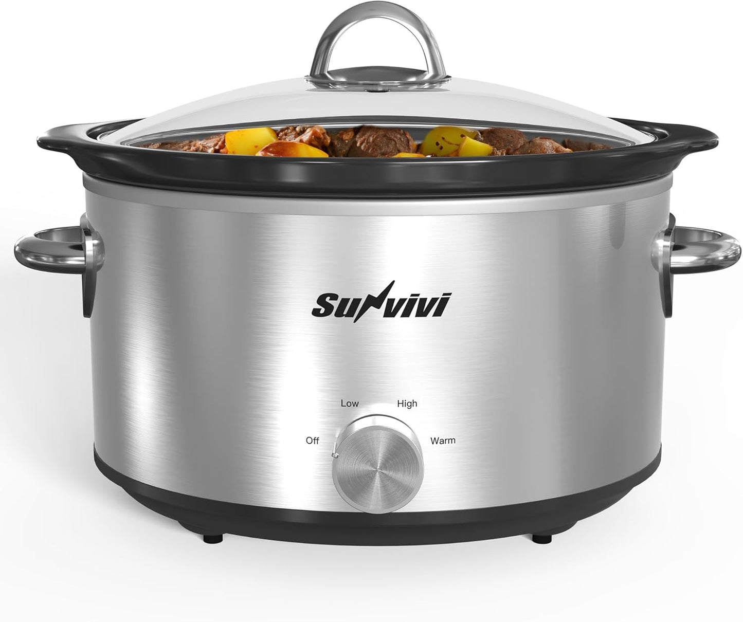 Sunvivi 4 Quart Slow Cooker & Mini Food Warmer with 3 Heating Settings, Removable Ceramic Pot, Dishwasher Safe Glass Lid, Stainless Steel, Silver