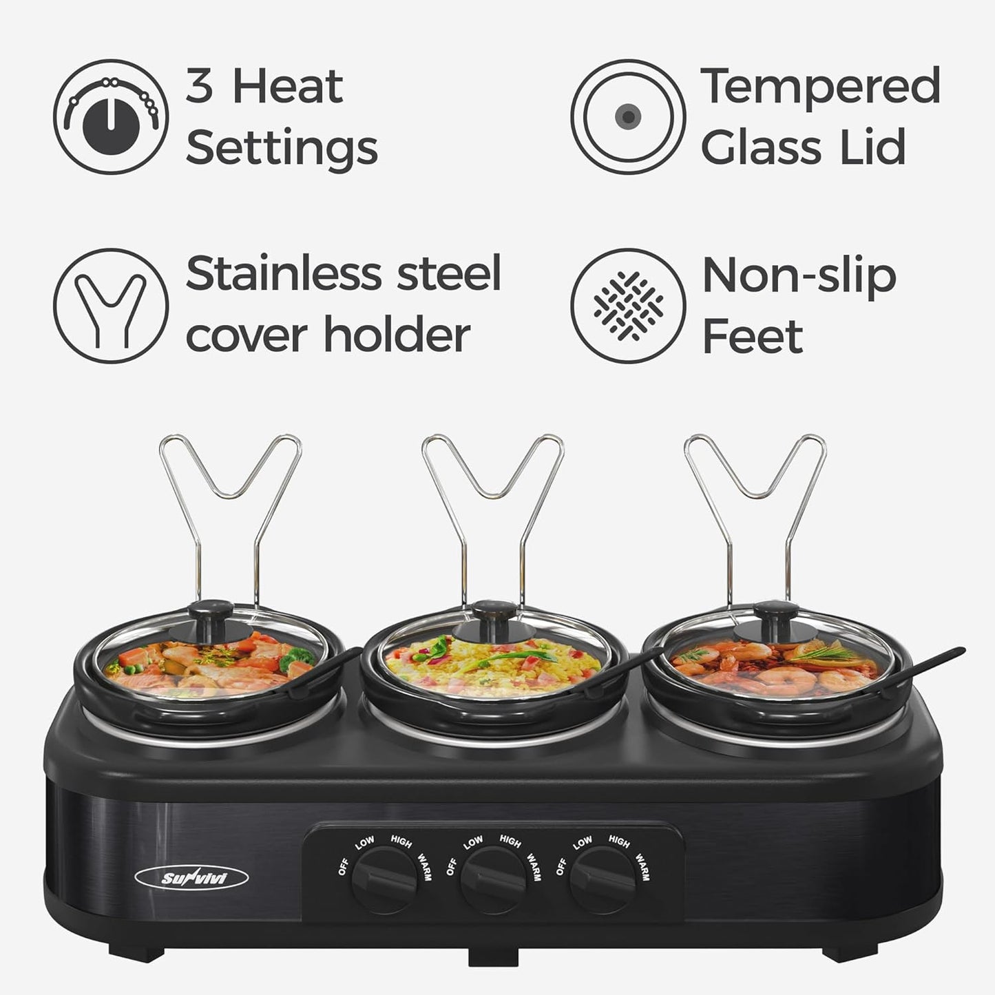 Sunvivi Triple Slow Cooker Buffet Server 3 Pot Food Warmer, 3-Section 1.5-Quart Oval Slow Cooker Adjustable Temp Lid Rests Stainless Steel, Total 4.5 QT