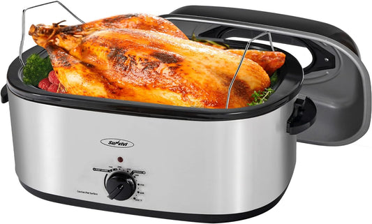 Sunvivi 26 Quart Electric Roaster Oven Turkey Roaster with Lid Electric Roasters with Removable Pan Large Roaster, Visible & Self-basting Lid, Fast Heating & Thaw/warming Setting, Silver, Grey
