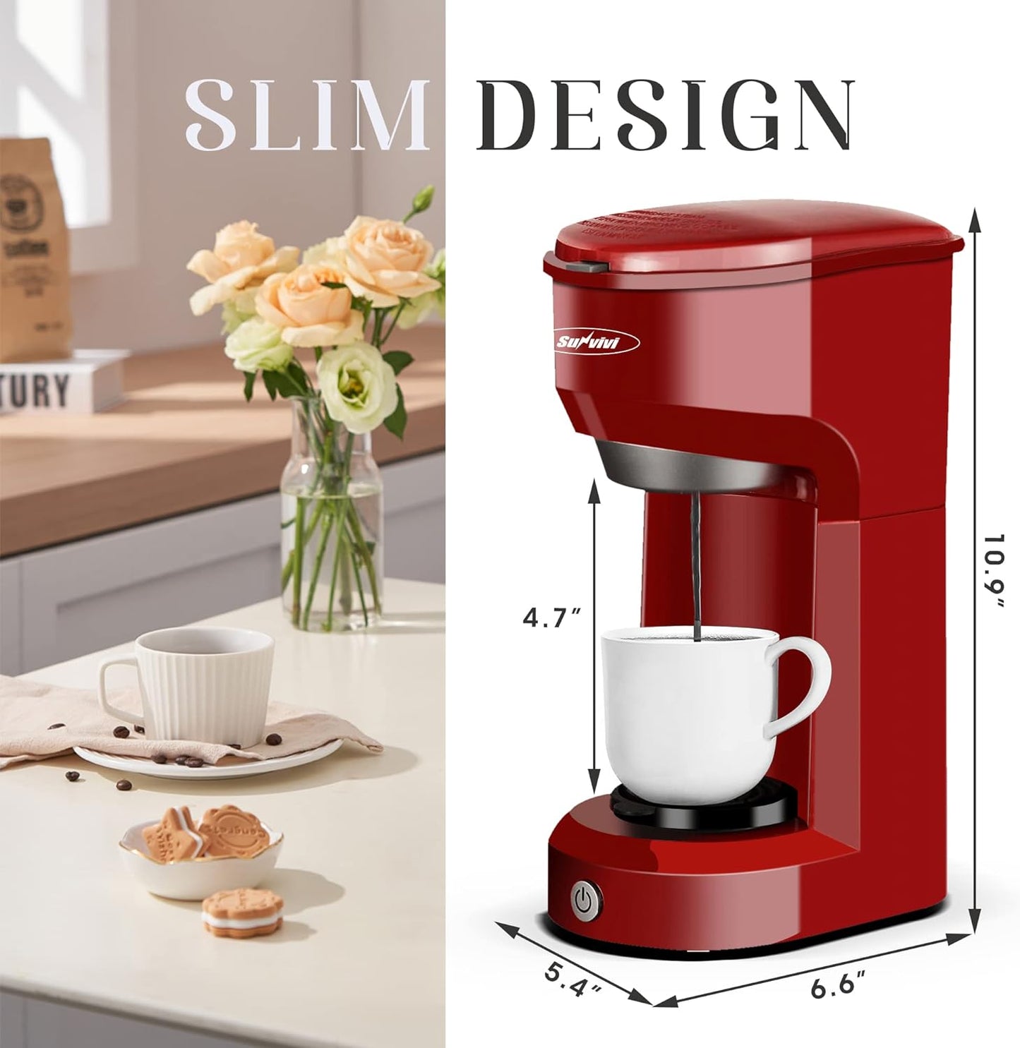 Sunvivi Coffee Maker, Single Serve Brewer for Single Cup, With Permanent Filter, 6oz to 14oz Mug, One-touch Control Button with Illumination,Red (ETL Certified)