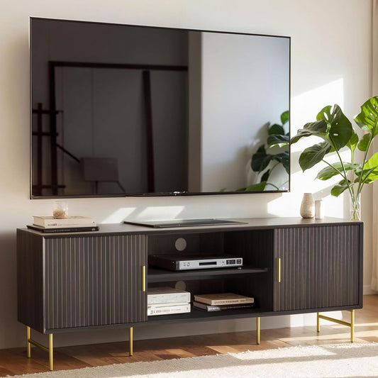 RoyalCraft Mid Century Modern Fluted TV Stand, 70” Long Entertainment Center with Adjustable Shelves, Wood TV Media Console with Metal Leg for Living Room, Bedroom, Charcoal Walnut