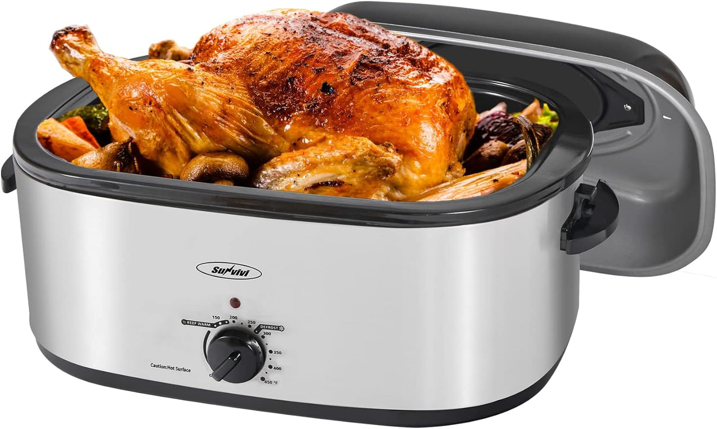 22lb 18-Quart Roaster Oven with Self-Basting Lid, Sunvivi electric roaster with Removable Pan & Rack, 150-450°F Full-Range Temperature Control with Defrost/Warm Function, Stainless Steel, Silver…