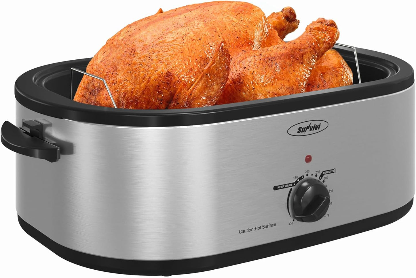 Sunvivi 26 Quart Electric Roaster Oven Turkey Roaster with Lid Electric Roasters with Removable Pan Large Roaster, Visible & Self-basting Lid, Fast Heating & Thaw/warming Setting, Silver, Grey