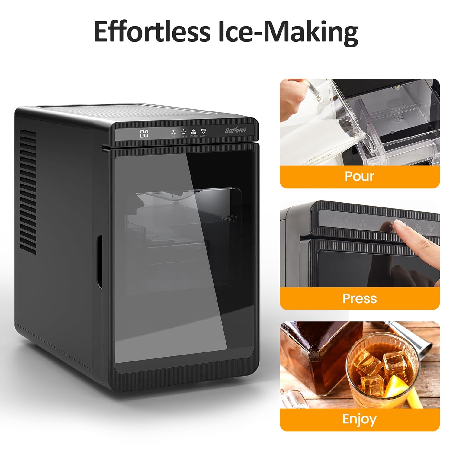 Sunvivi Clear Ice Maker, Compact Countertop Ice Machine, 1.6" Square Ice Cubes, Fast 10-Min Ice Production