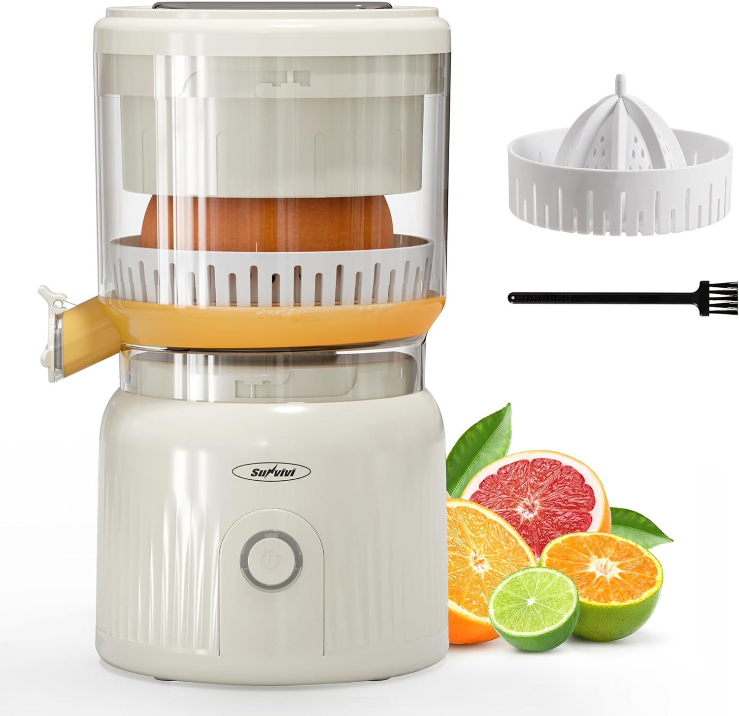 Sunvivi Electric Citrus Juicer, 90W Automatic Juice Squeezer with High-Speed 15,000 RPM, Ideal for Orange, Lemon,  and Soft Fruits, Compact and Easy to Clean, Includes Cleaning Brush