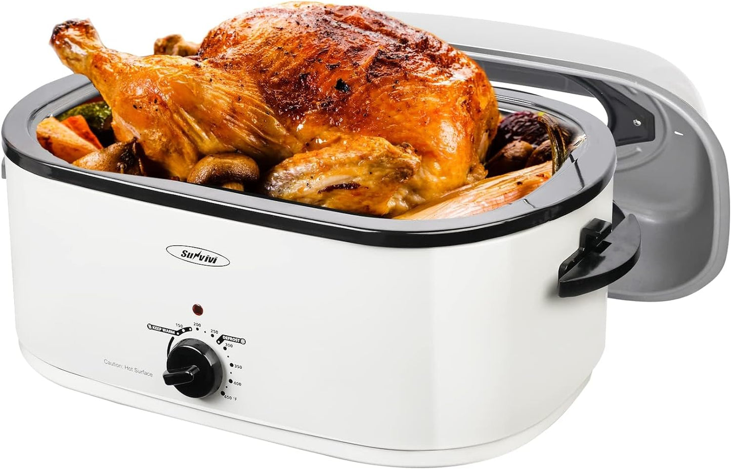 Sunvivi 26 Quart Electric Roaster Oven Turkey Roaster with Lid Electric Roasters with Removable Pan Large Roaster, Visible & Self-basting Lid, Fast Heating & Thaw/warming Setting, Silver, Grey