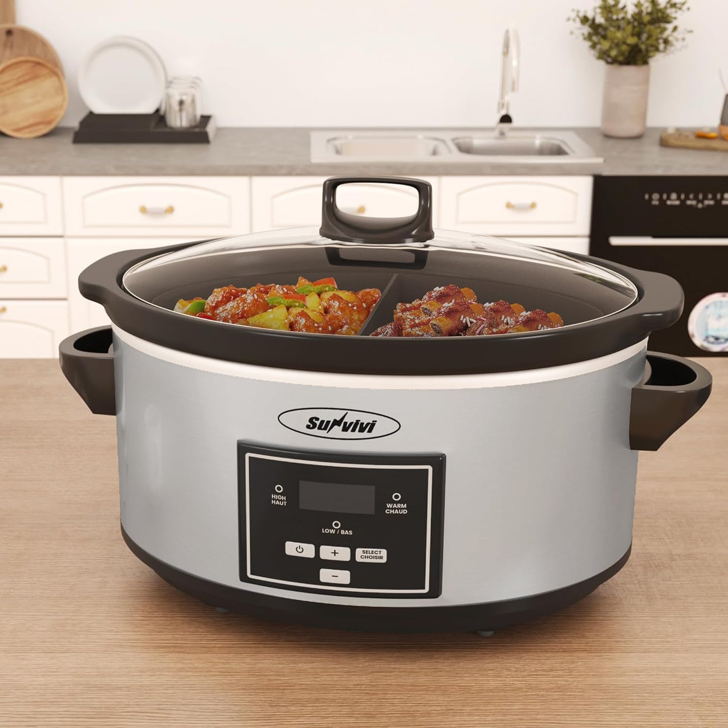 Sunvivi Programmable Slow Cooker 6 Quart with 2 in 1 Silicone Liners, Multi-Cooker Food Warmer with Digital Timer, 3 Cooking Settings, Dishwasher-Safe Removable Ceramic Pot & Lid, Silver