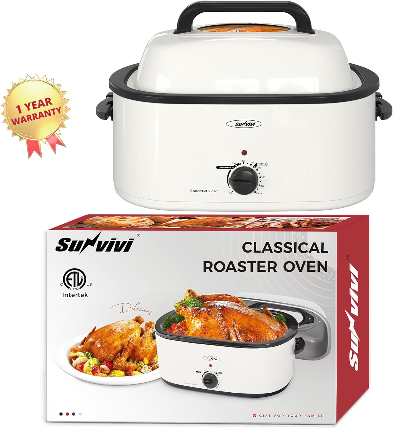 Sunvivi 26 Quart Electric Roaster Oven Turkey Roaster with Lid Electric Roasters with Removable Pan Large Roaster, Visible & Self-basting Lid, Fast Heating & Thaw/warming Setting, Silver, Grey