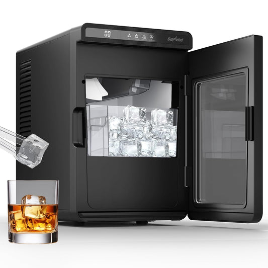 Sunvivi Clear Ice Maker, Compact Countertop Ice Machine, 1.6" Square Ice Cubes, Fast 10-Min Ice Production, Self-Cleaning, LED Light & Timer, Portable Electric Ice Maker for Kitchen, Bar