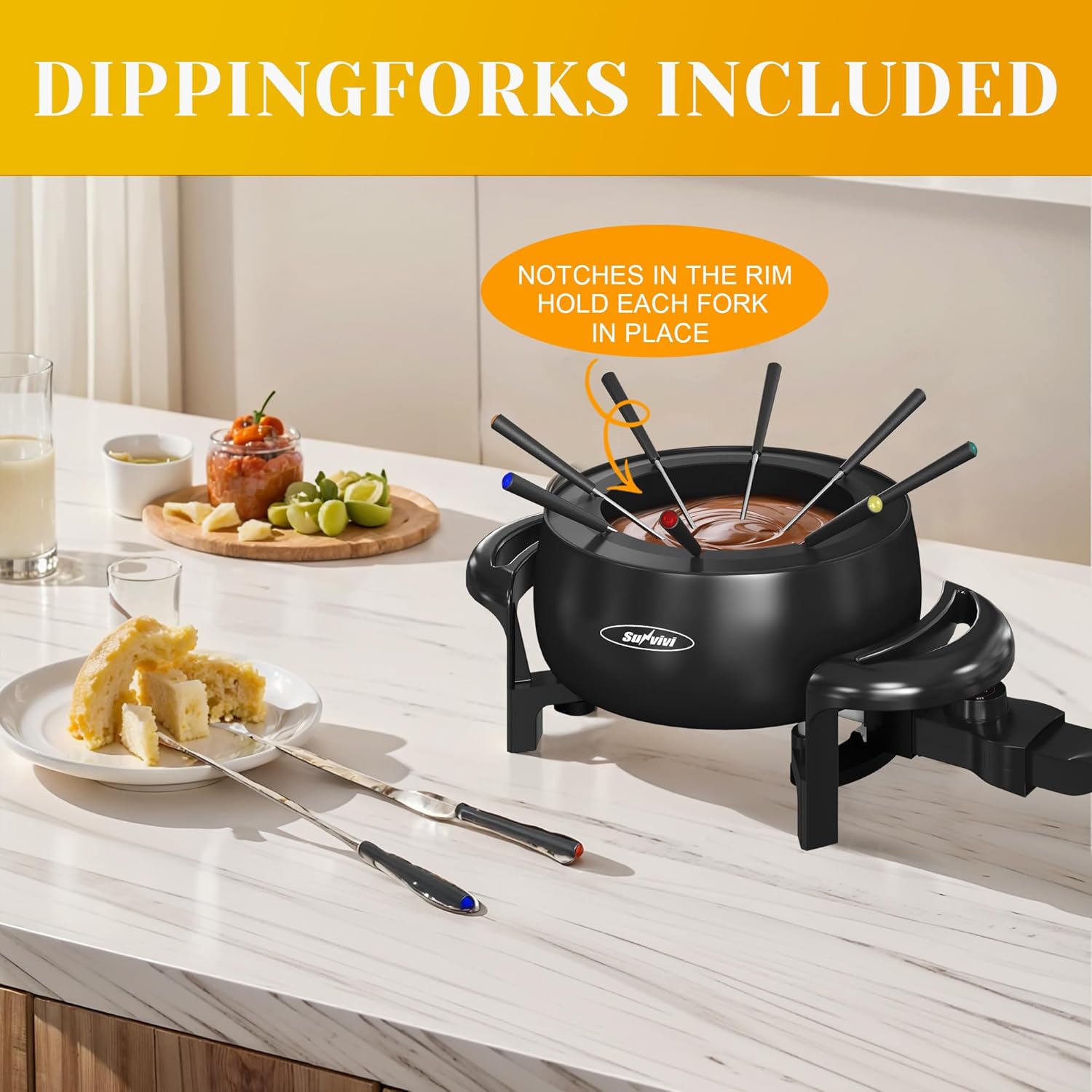 Electric Fondue Pot Set, 3 Quart Fondue Set for Melting Chocolate Cheese with 8 Color-Coded Forks