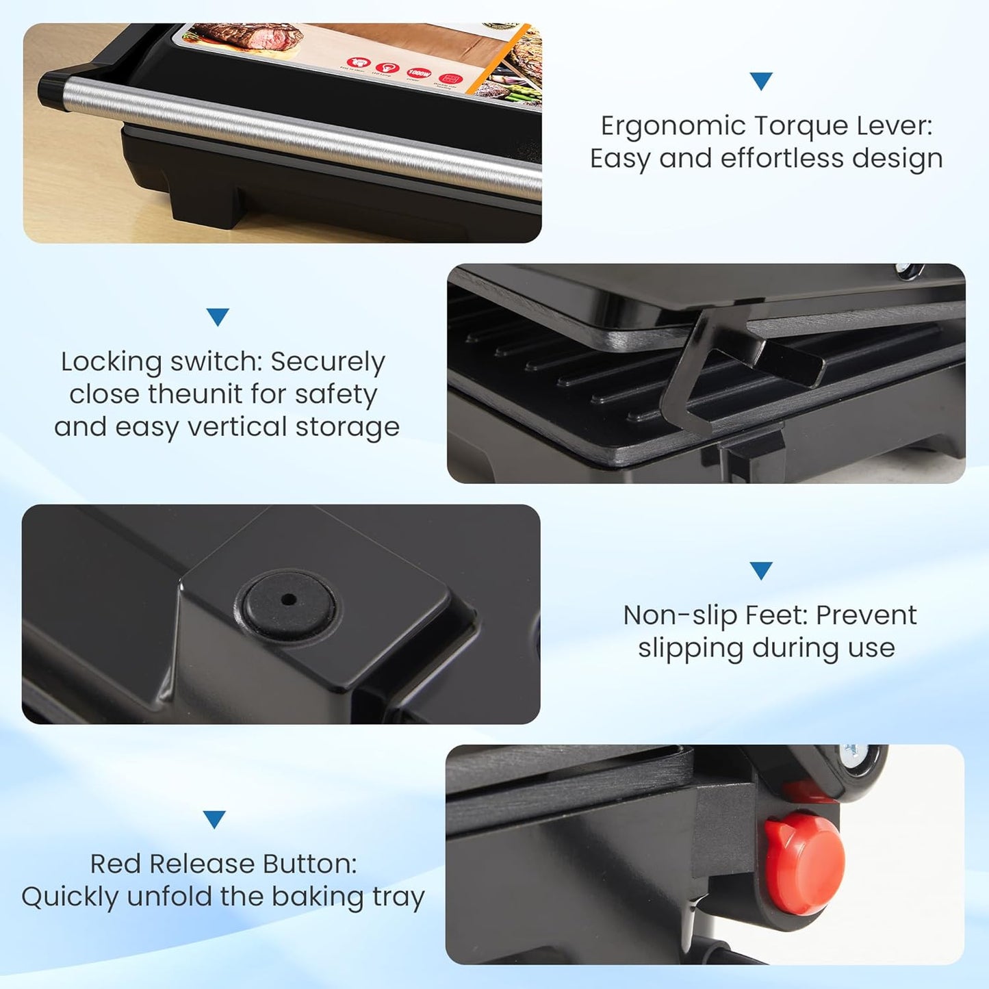 Sunvivi Panini Press Sandwich Maker: Electric Panini Press Grill with Locking Lid, Portable Indoor Panini Maker with Nonstick Plates, 1000W Double-sided Grill with 180¡ã Flat Opening, Easy to Clean