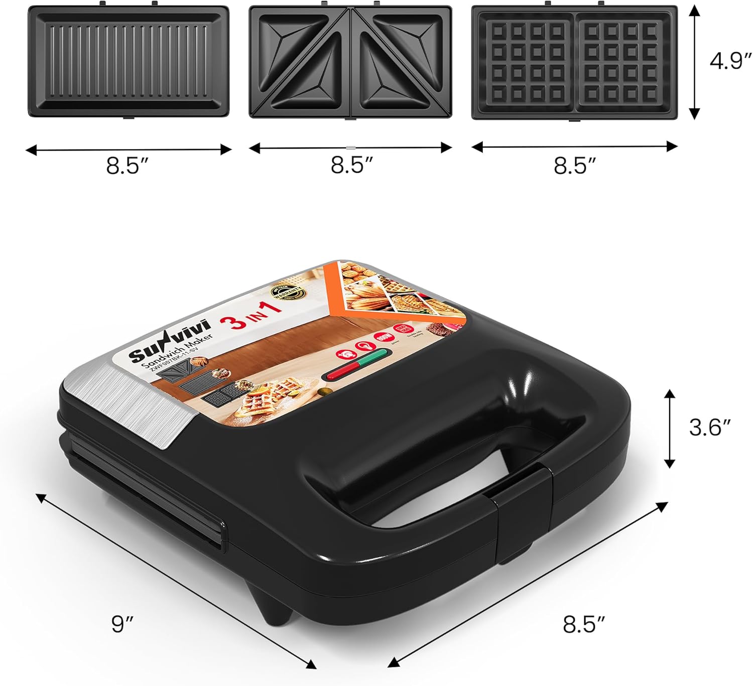 Sunvivi 3 in 1 Electric Sandwich Maker: Panini Press Grill and Waffle Iron Set