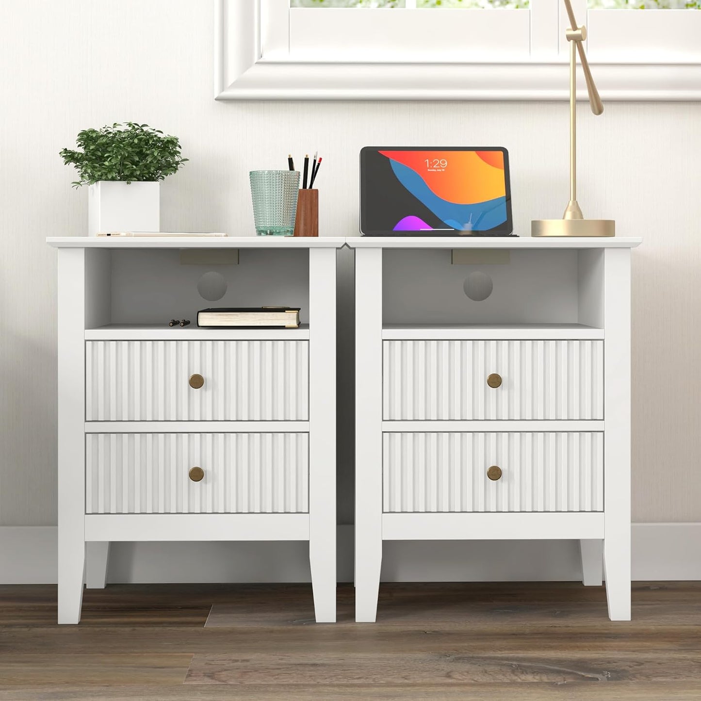 White Nightstand with Charging Station, White Sofa Table with 2 Storage Drawers Cabinet, Tall End Table with Wooden Fluted-Design for Bedroom,Living Room, White