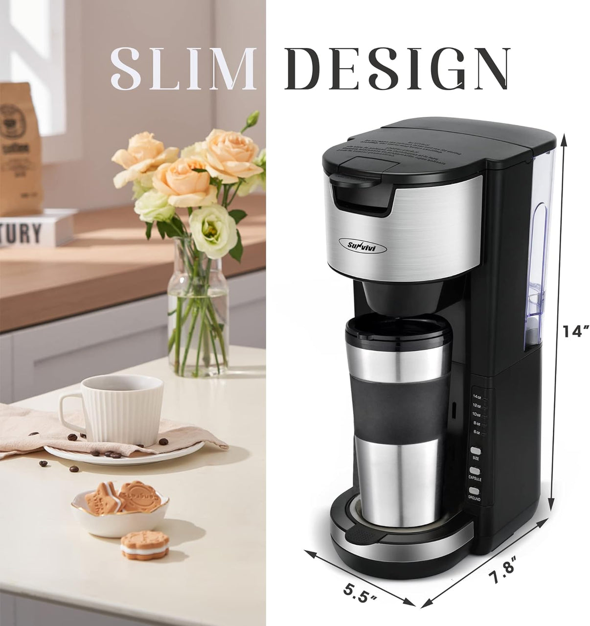Sunvivi Single Serve Coffee Maker For Single Cup Pods & Ground Coffee