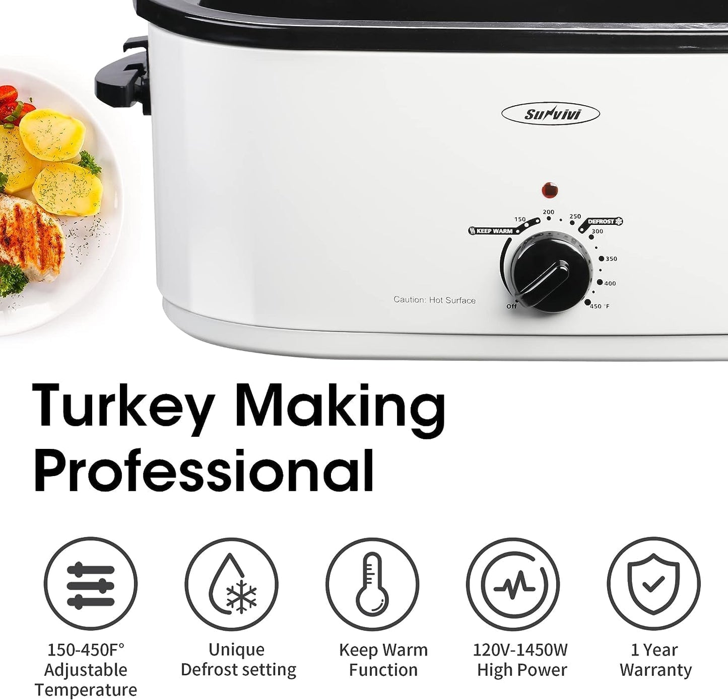 Sunvivi 26 Quart Electric Roaster Oven Turkey Roaster with Lid Electric Roasters with Removable Pan Large Roaster, Visible & Self-basting Lid, Fast Heating & Thaw/warming Setting, Silver, Grey