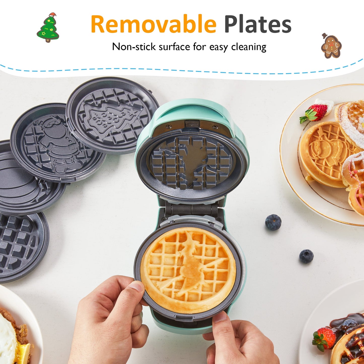 Sunvivi 6-in-1 Mini Waffle Maker, 4" Waffle Iron with Nonstick Removable Plates (Santa, Christmas Tree, Witch, Pumpkin), Light Blue