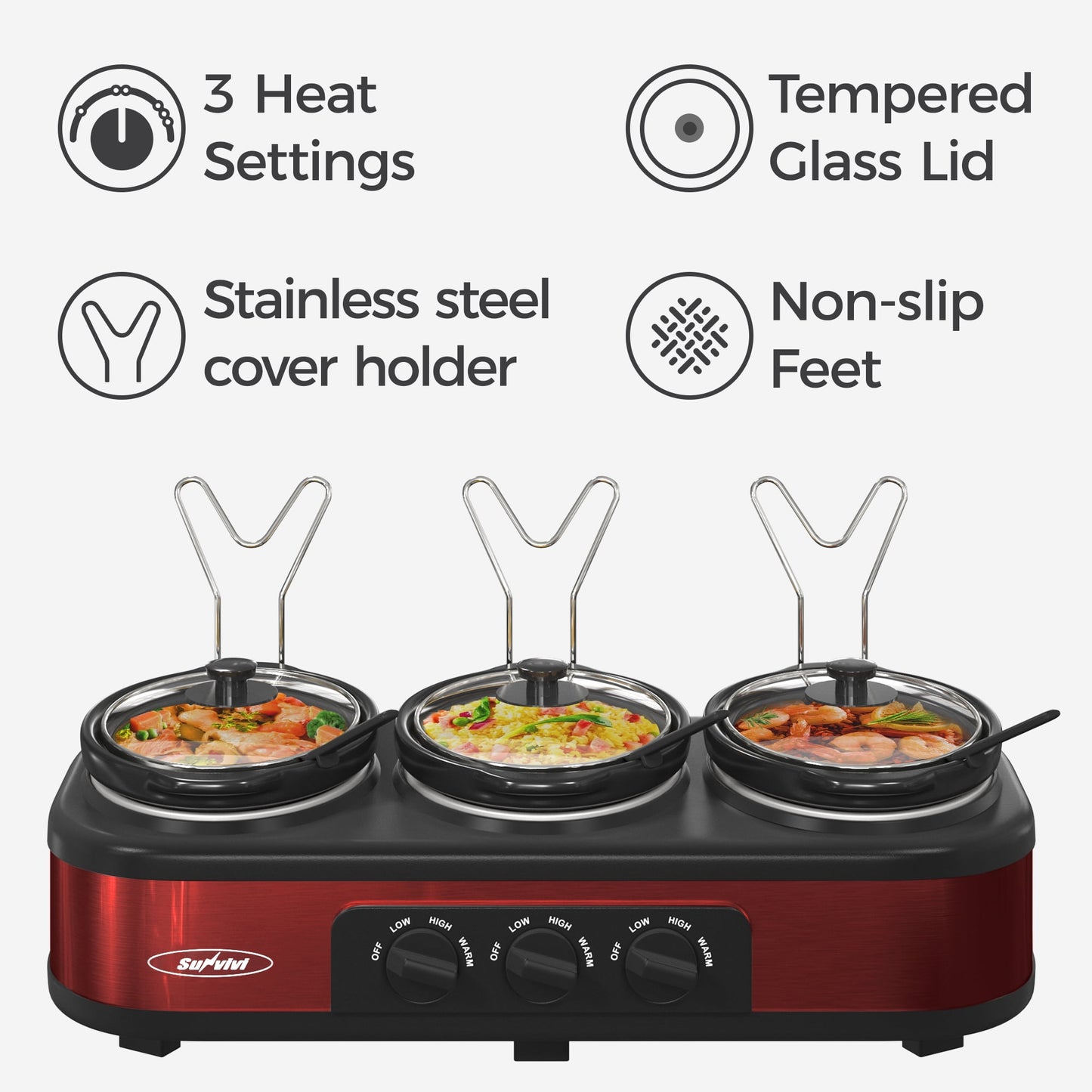 Royalcraft Triple Slow Cooker Buffet Servers and Warmer,3 Pot Food Small Mini Manual Slow Cooker with Adjustable Temp Stainless Steel Lid Rests,Removable Ceramic Pot,4.5 QT Red