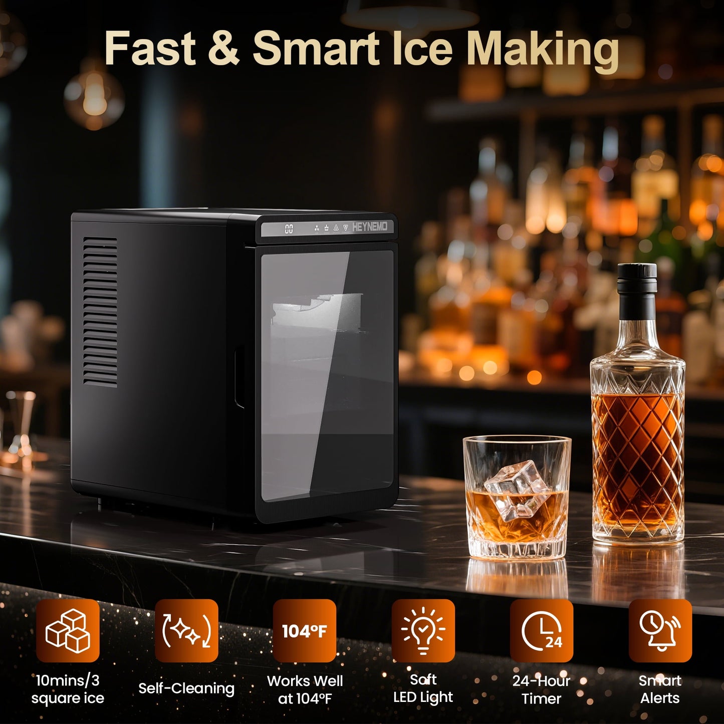 Sunvivi Clear Ice Maker for Home ¨C Compact Countertop Ice Machine with 1.6" Square Ice Cubes, Self-Cleaning, LED Light & Timer, Portable Electric Ice Maker for Kitchen, Bar, RV, Black